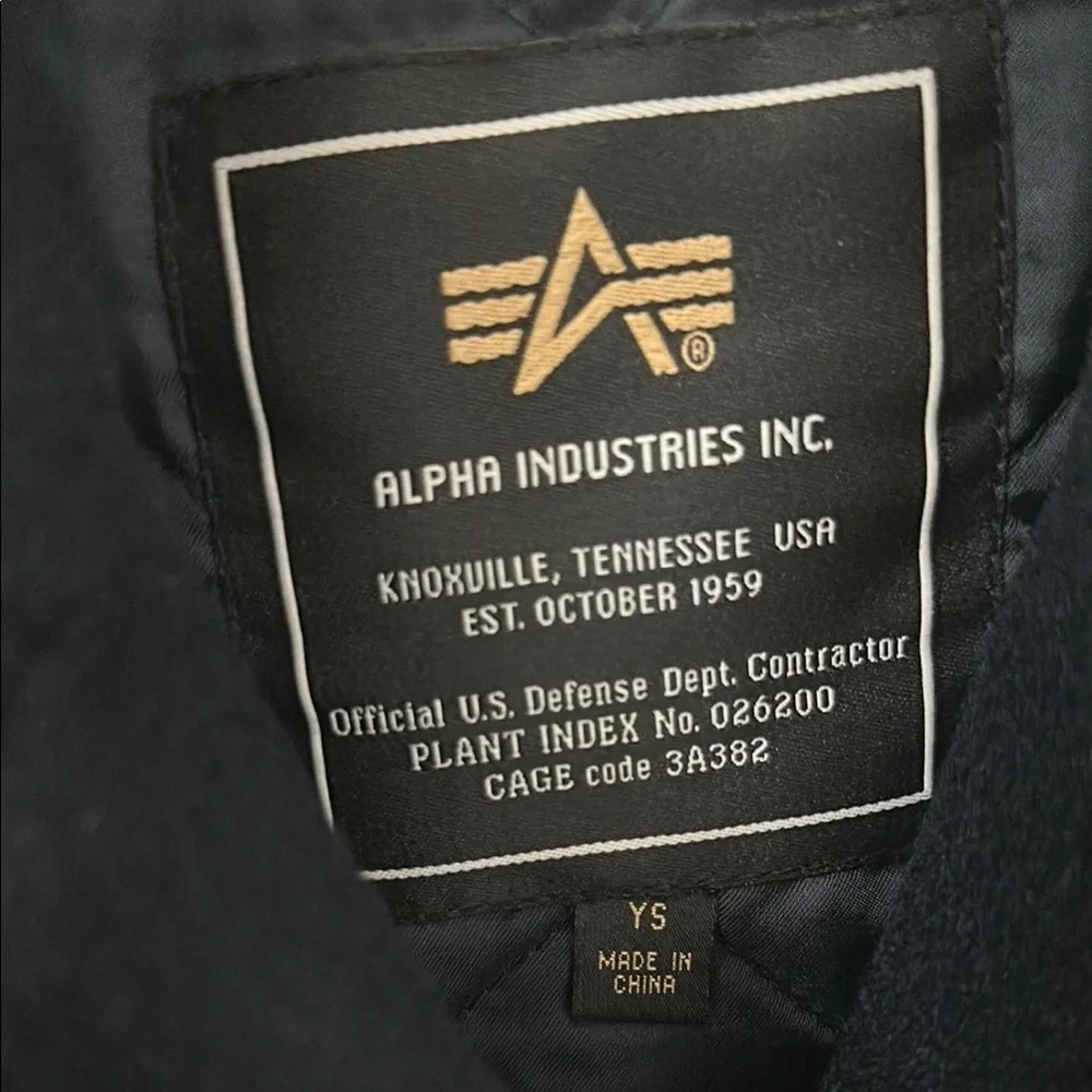 Alpha Industries Youth Navy Peacoat • Classic Double-Breasted Wool Coat •Size YS